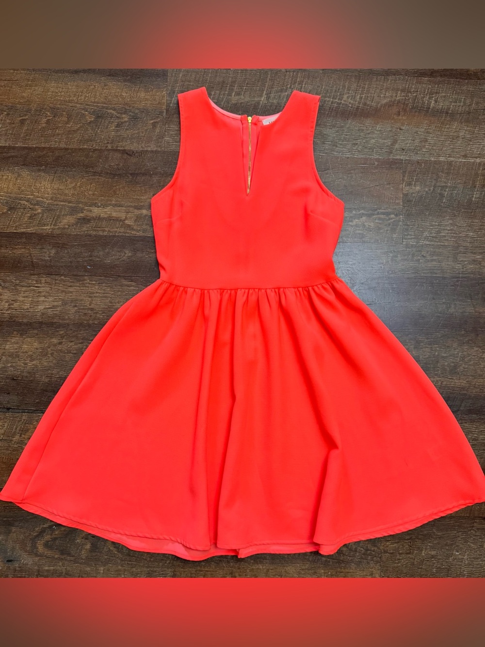 Everly Neon Coral Fit and Flare Dress Medium Sleeveless Gold Zip Back